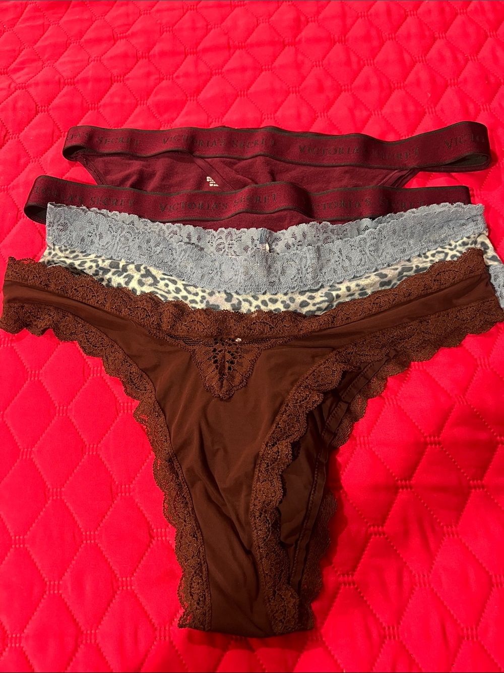 Victoria's Secret Lace-Trim Cheeky Trio in Brown, Burgundy and Blue Leopard